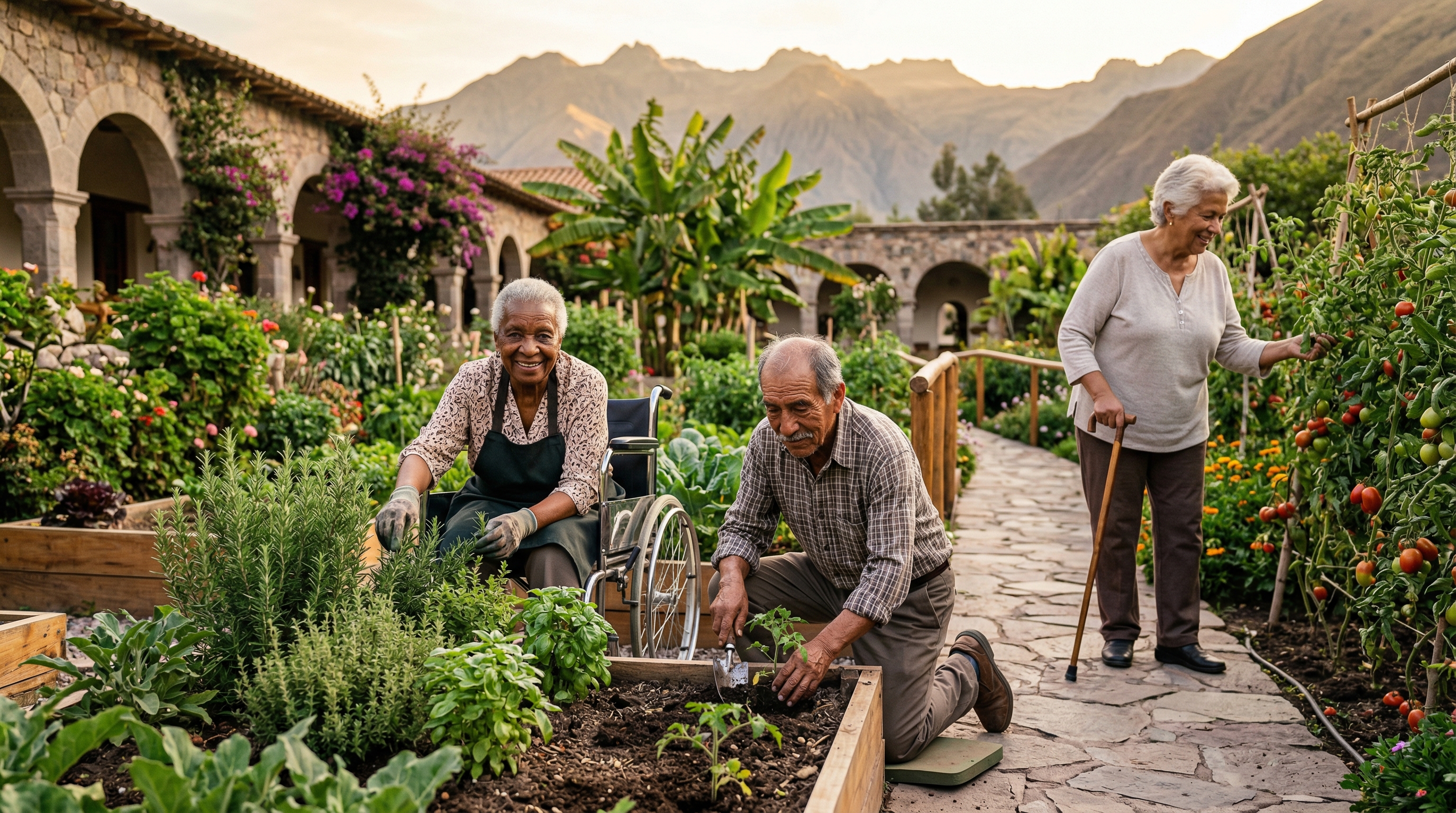 Diversos miembros mayores cultivando juntos en los terrenos de The Oasis, incluidas personas en silla de ruedas